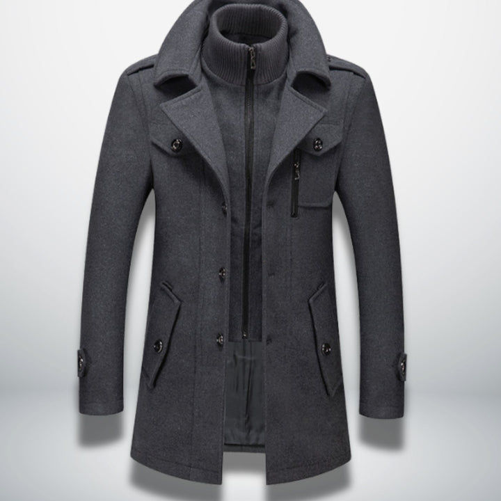 Herren Smart-Casual Wollmantel mit Knopfverschluss und Stehkragen - Grau