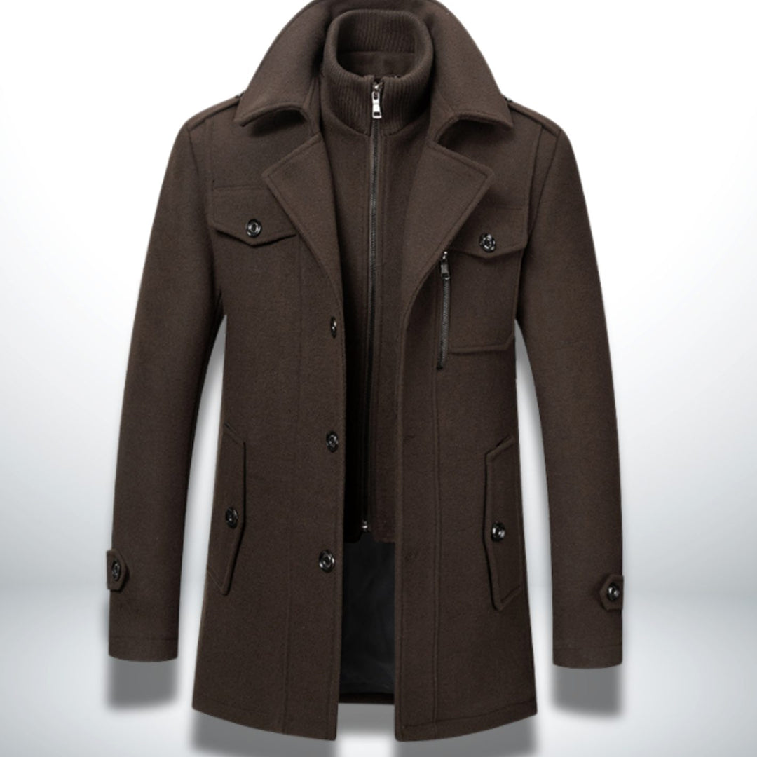 Herren Smart-Casual Wollmantel mit Knopfverschluss und Stehkragen - Braun