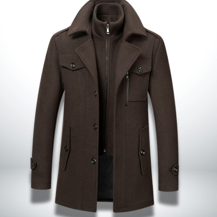 Herren Smart-Casual Wollmantel mit Knopfverschluss und Stehkragen - Braun