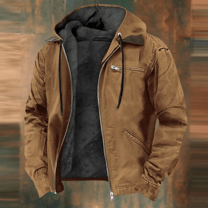 Herren Vintage Winterjacke mit Kapuze und Reißverschluss Fleecefutter - Braun