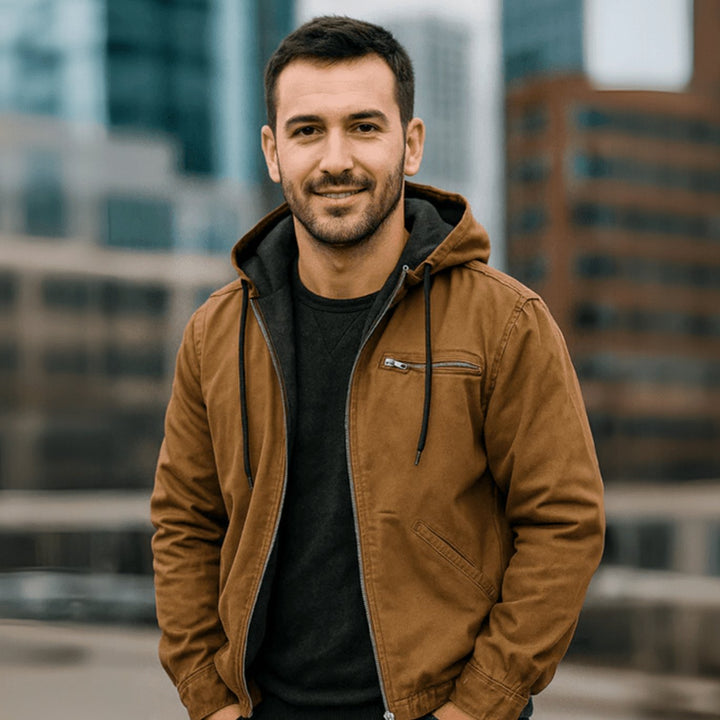 Herren Vintage Winterjacke mit Kapuze und Reißverschluss Fleecefutter