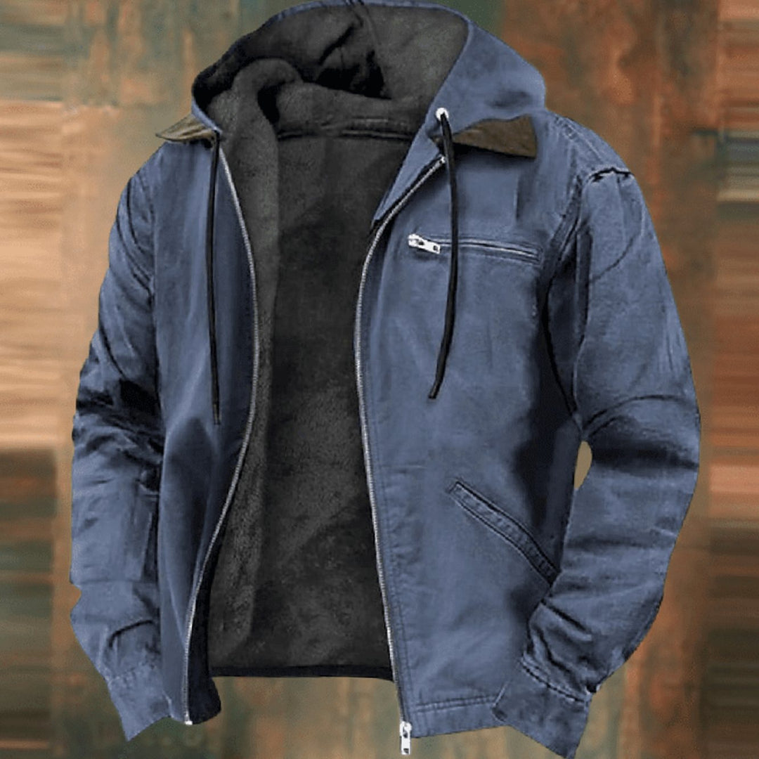 Herren Vintage Winterjacke mit Kapuze und Reißverschluss Fleecefutter - Blau