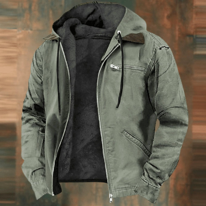 Herren Vintage Winterjacke mit Kapuze und Reißverschluss Fleecefutter - Grün