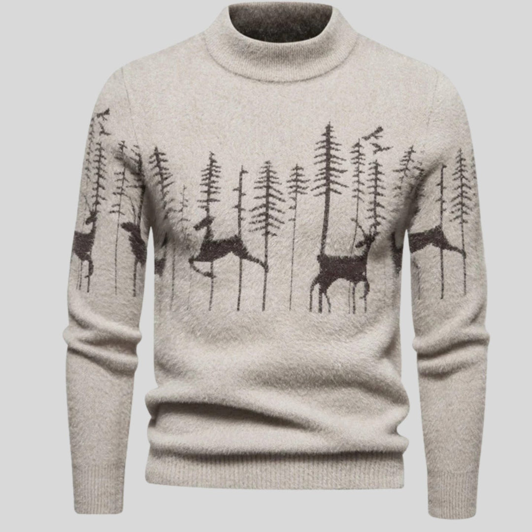 Herren Weihnachtspullover mit Rentier- und Waldmotiv Strickpullover - Beige
