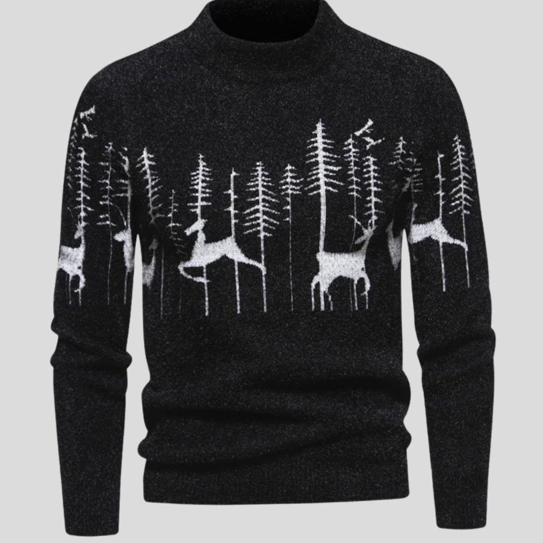 Herren Weihnachtspullover mit Rentier- und Waldmotiv Strickpullover - Schwarz