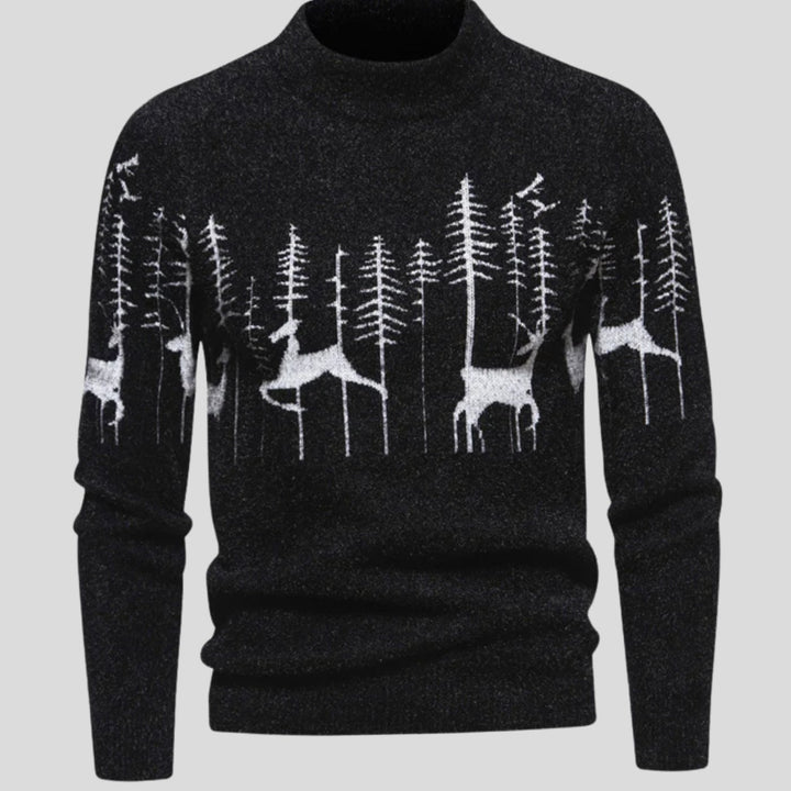 Herren Weihnachtspullover mit Rentier- und Waldmotiv Strickpullover - Schwarz