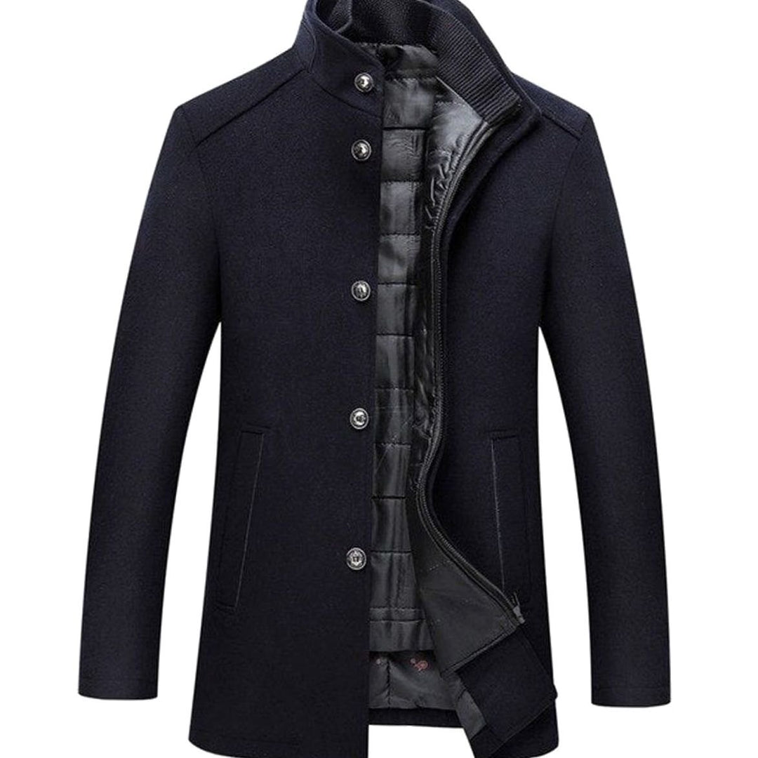 Herren Wollmantel Gestepptem Futter Stehkragen Wintermantel - Marineblau