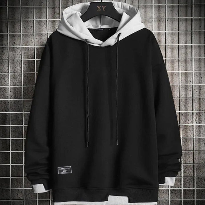 Herren Zwei-Ton Locker Geschnittener Pullover Hoodie mit Verstellbarer Kapuze - Schwarz
