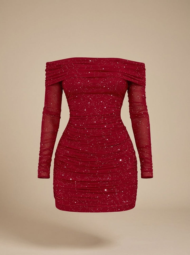 Ilene Dames Pailletten Off-Shoulder Bodycon Mini Jurk - Wijnrood