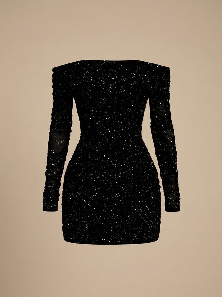 Ilene Dames Pailletten Off-Shoulder Bodycon Mini Jurk - Zwart