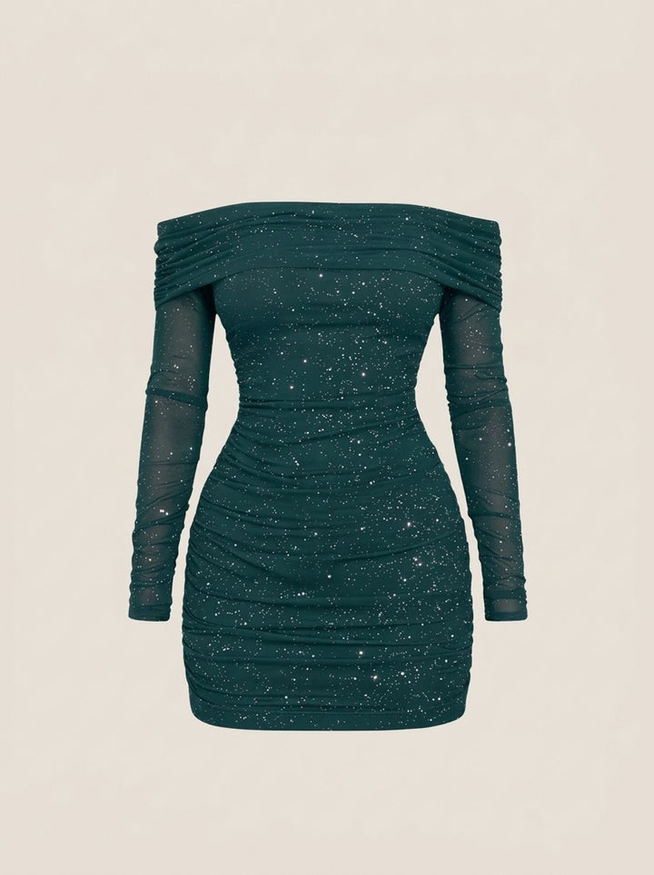Ilene Dames Pailletten Off-Shoulder Bodycon Mini Jurk - Smaragdgroen