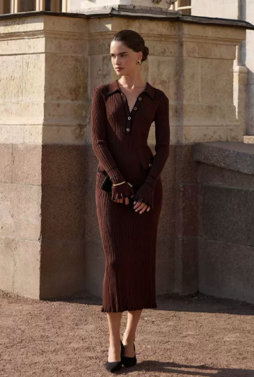 Ava | Damen Gerippte Knopfleiste vorne Gestricktes Midi-Kleid