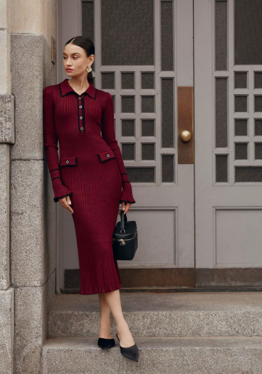Ava | Damen Gerippte Knopfleiste vorne Gestricktes Midi-Kleid
