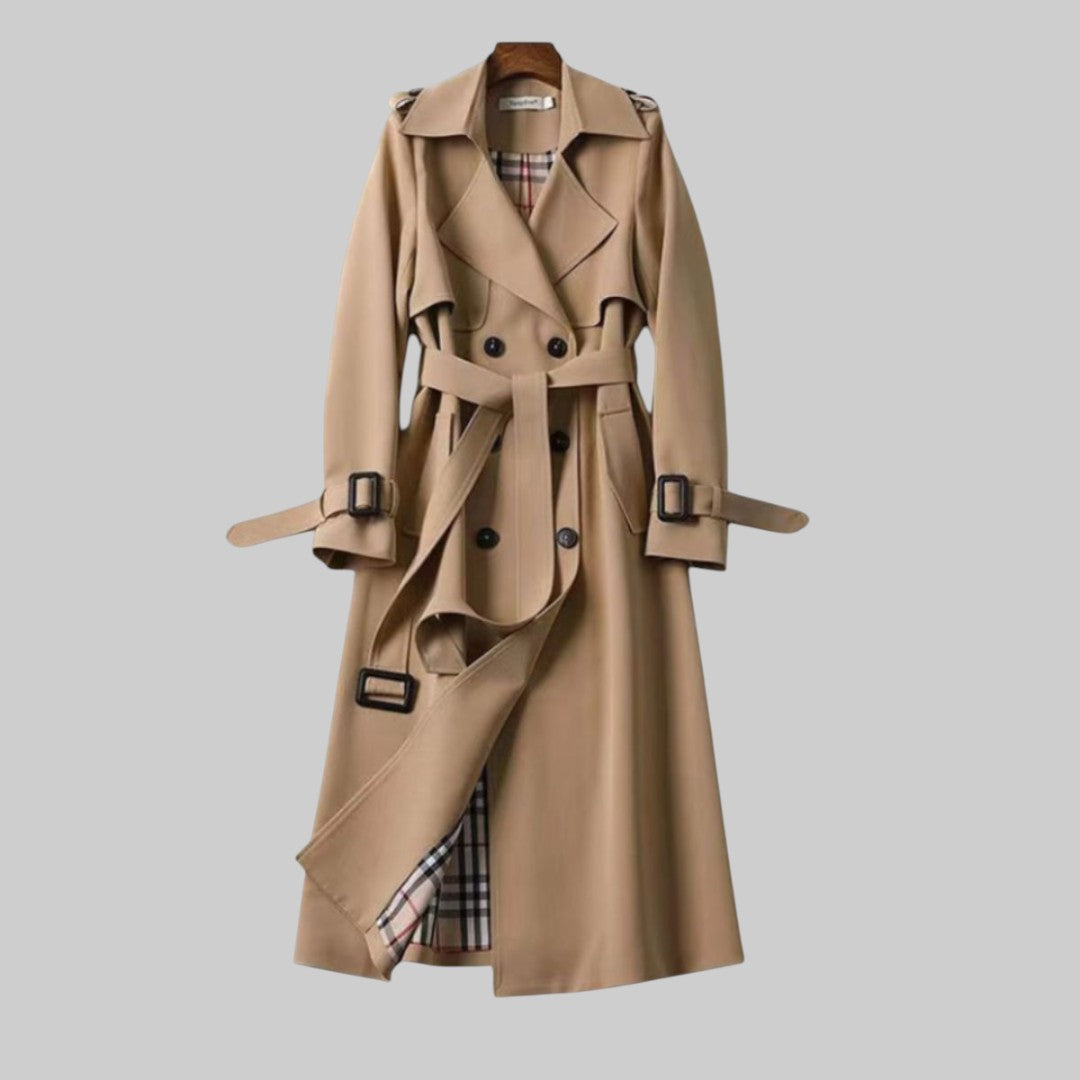 Ellie | Damen Doppelreihiger langer Trenchcoat mit Gürtel