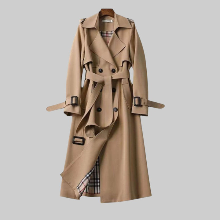 Ellie | Damen Doppelreihiger langer Trenchcoat mit Gürtel