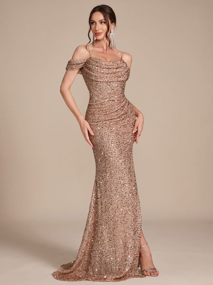 Jillian Dames Pailletten Maxi Jurk Off-Shoulder met Split