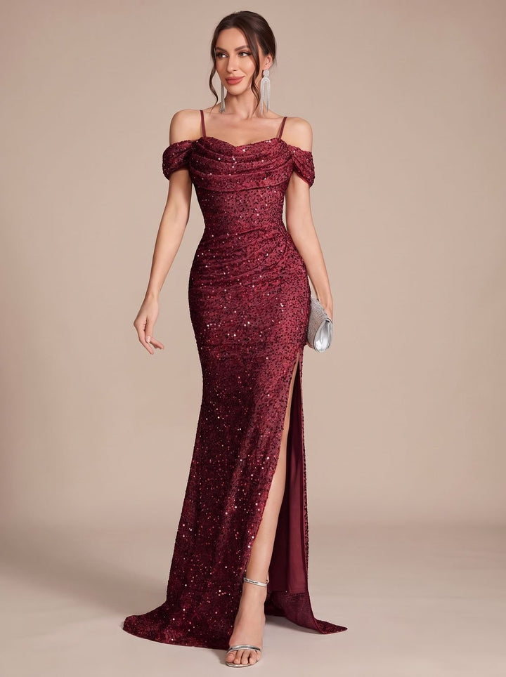 Jillian Dames Pailletten Maxi Jurk Off-Shoulder met Split