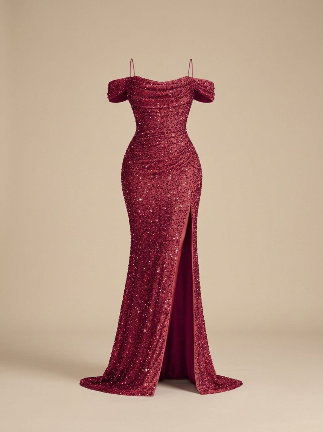 Jillian Dames Pailletten Maxi Jurk Off-Shoulder met Split - Rood