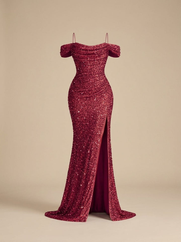 Jillian Dames Pailletten Maxi Jurk Off-Shoulder met Split - Rood