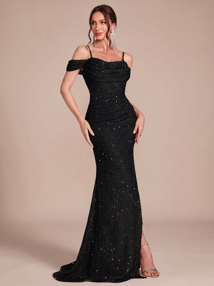 Jillian Dames Pailletten Maxi Jurk Off-Shoulder met Split