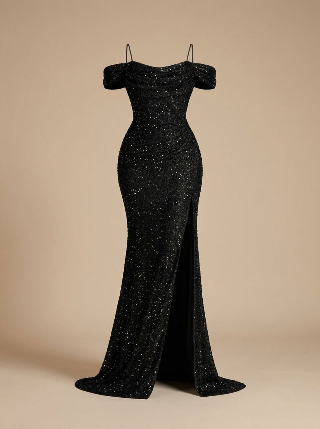Jillian Dames Pailletten Maxi Jurk Off-Shoulder met Split - Zwart