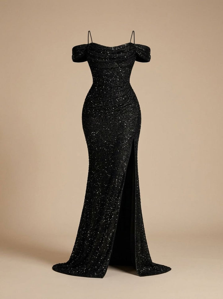 Jillian Dames Pailletten Maxi Jurk Off-Shoulder met Split - Zwart