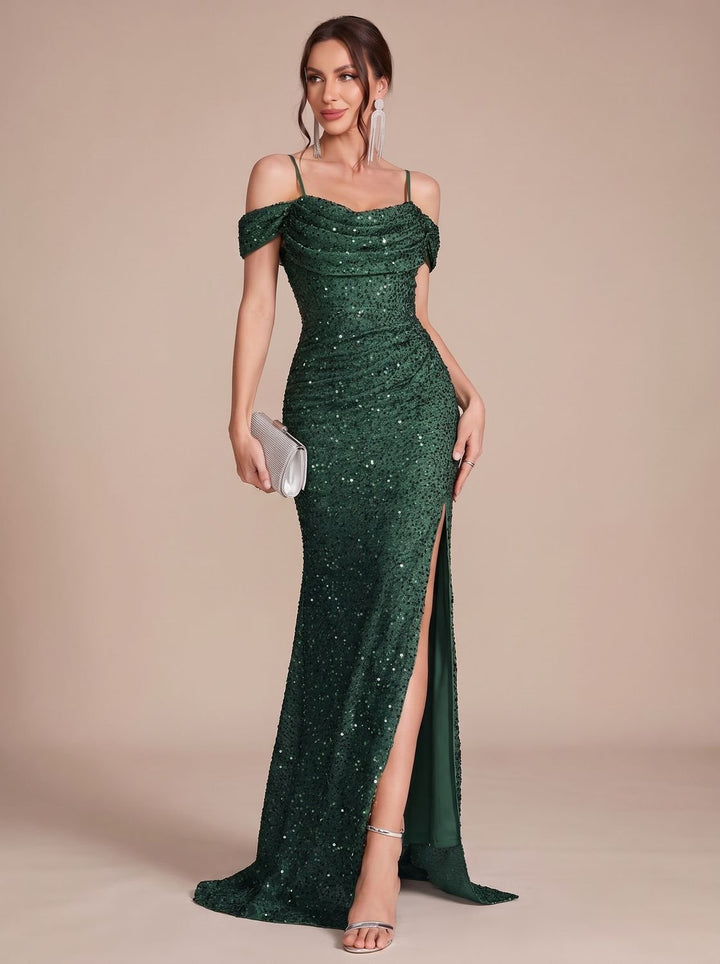 Jillian Dames Pailletten Maxi Jurk Off-Shoulder met Split