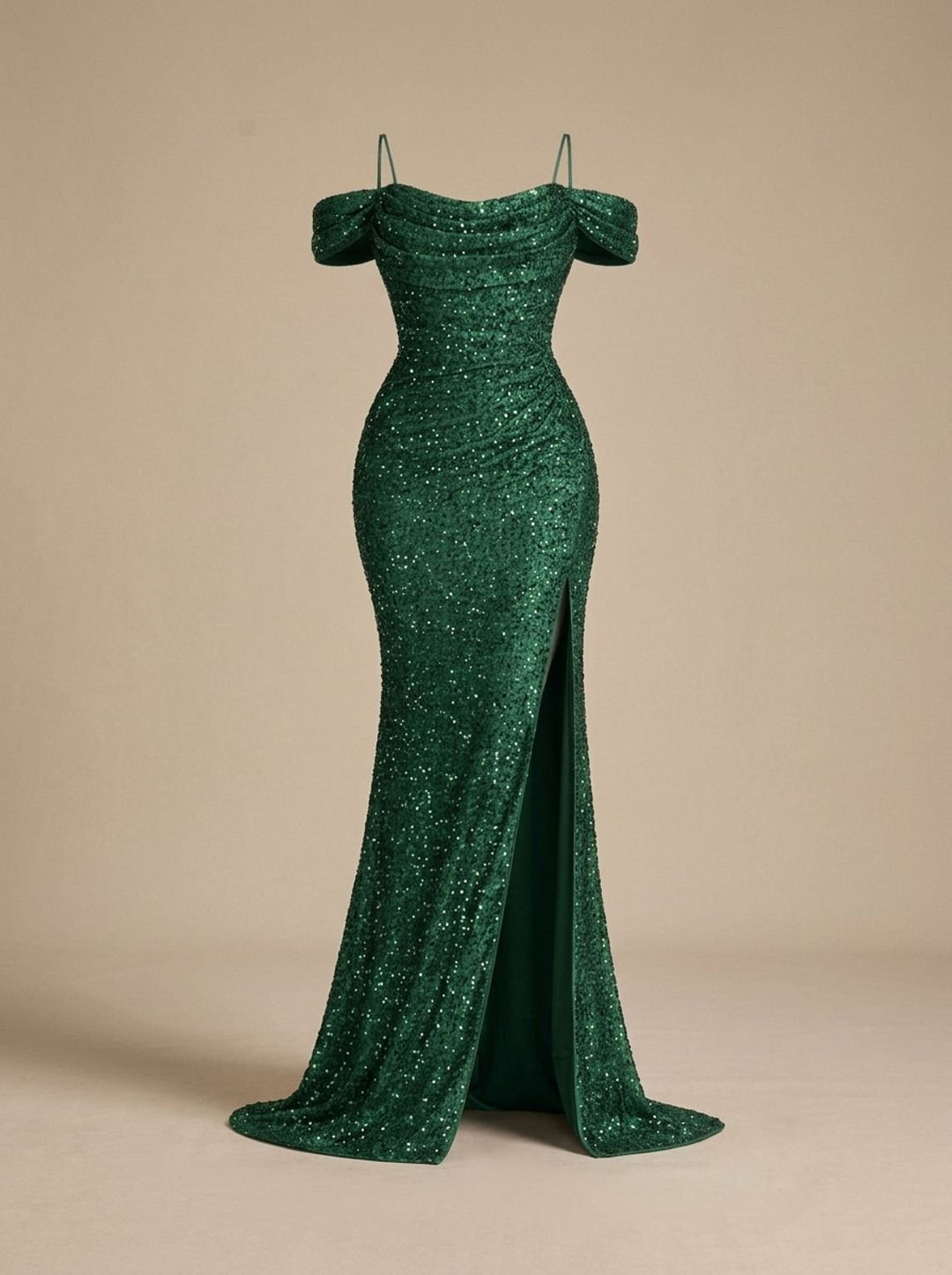 Jillian Dames Pailletten Maxi Jurk Off-Shoulder met Split - Groen