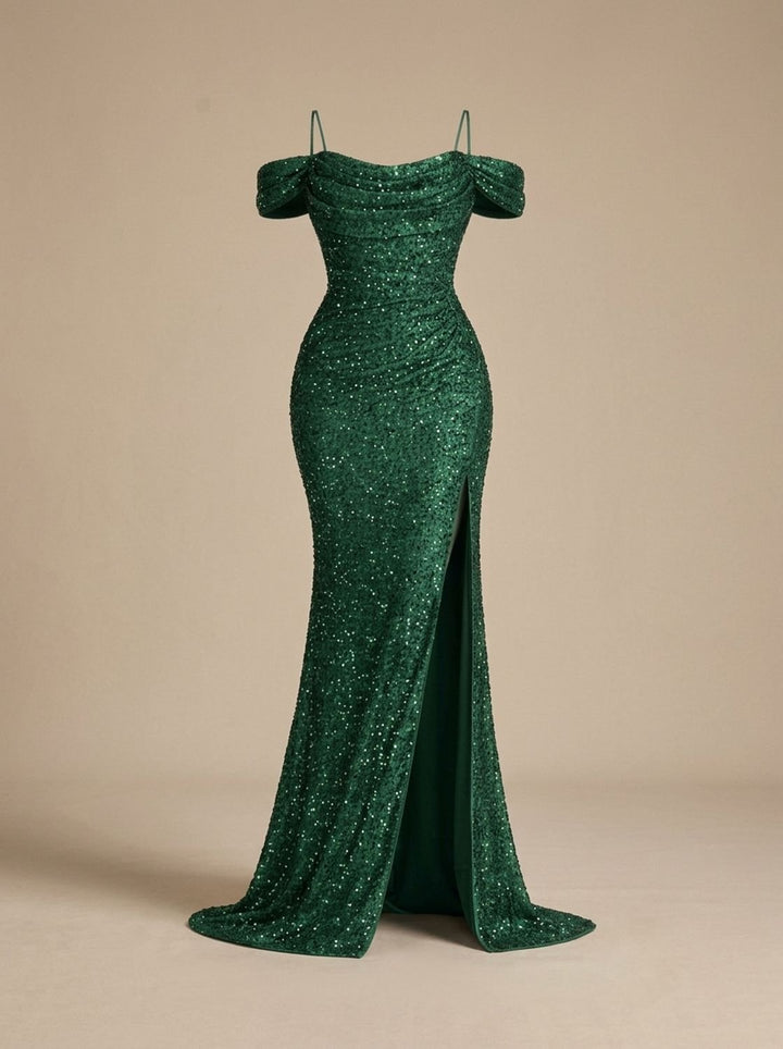 Jillian Dames Pailletten Maxi Jurk Off-Shoulder met Split - Groen