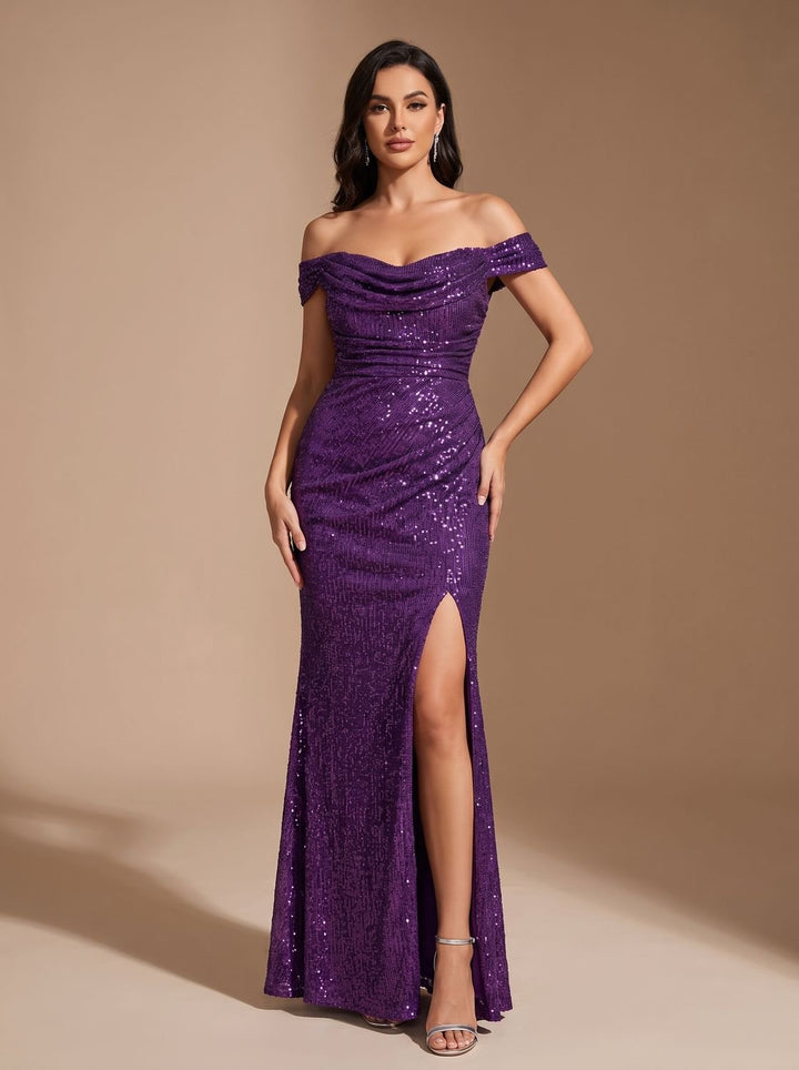 Jillian Dames Pailletten Maxi Jurk Off-Shoulder met Split