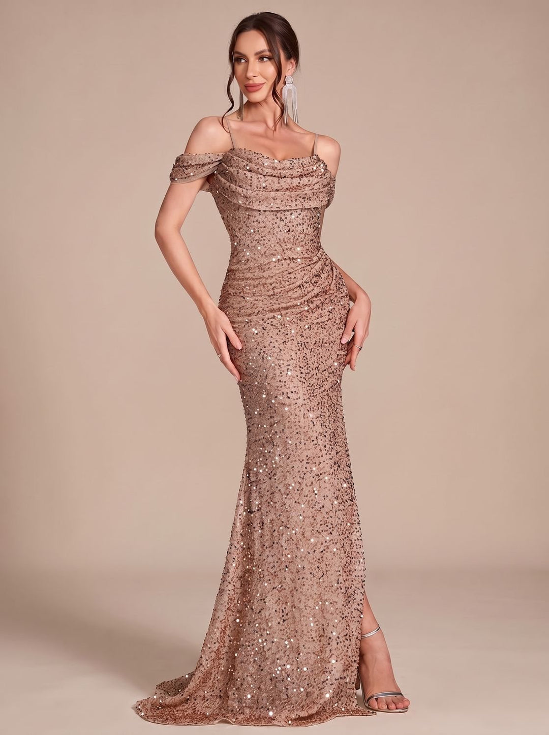 Jillian Dames Pailletten Maxi Jurk Off-Shoulder met Split