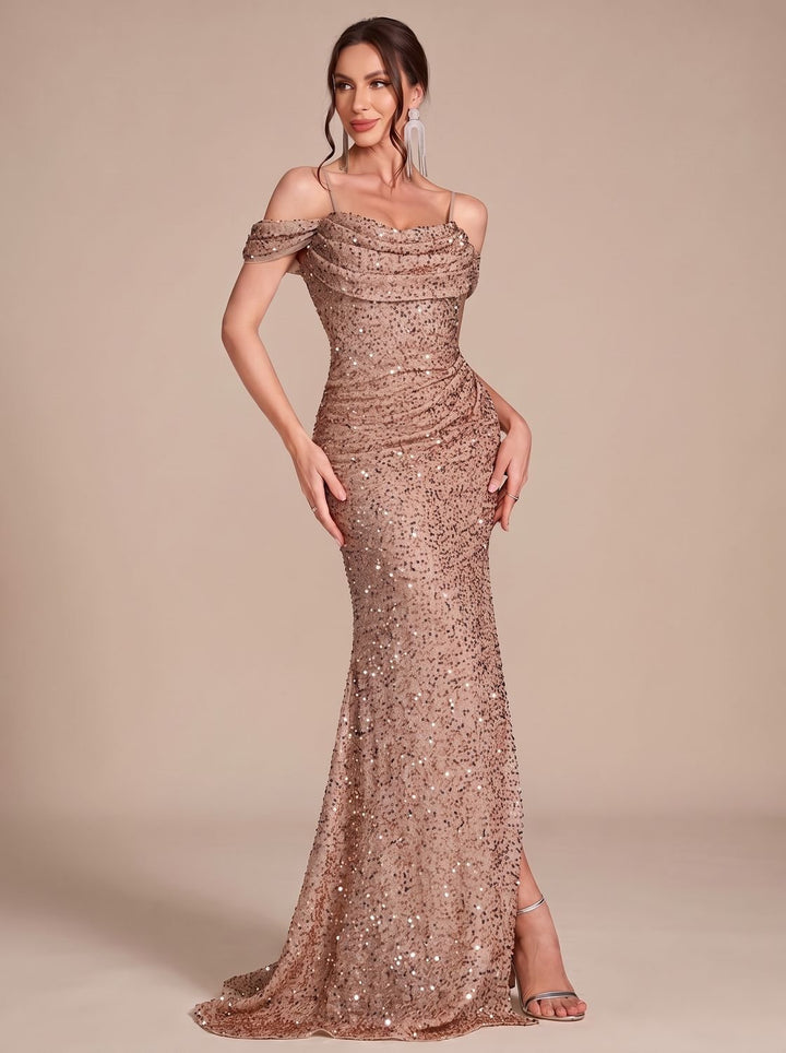 Jillian Dames Pailletten Maxi Jurk Off-Shoulder met Split