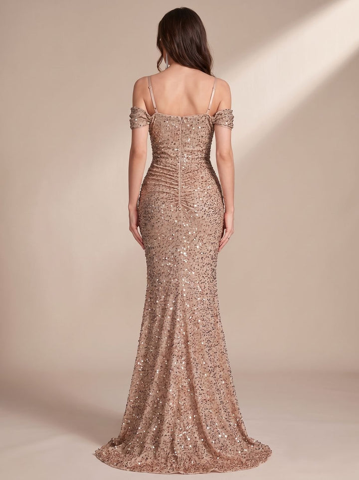 Jillian Dames Pailletten Maxi Jurk Off-Shoulder met Split