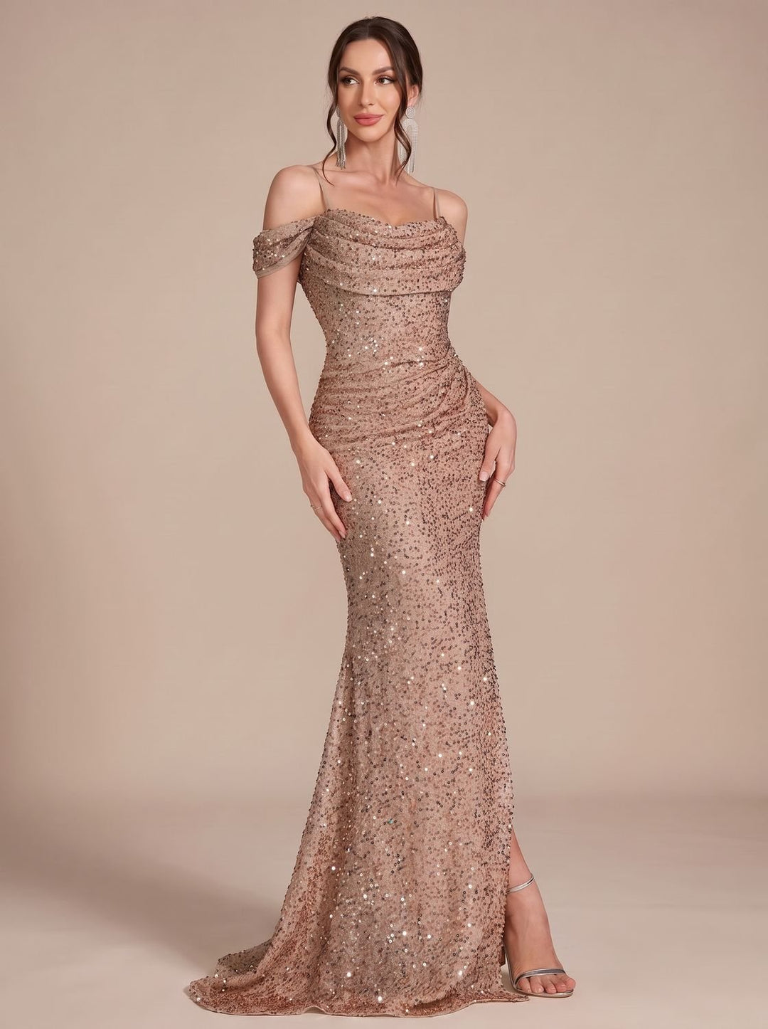 Jillian Dames Pailletten Maxi Jurk Off-Shoulder met Split