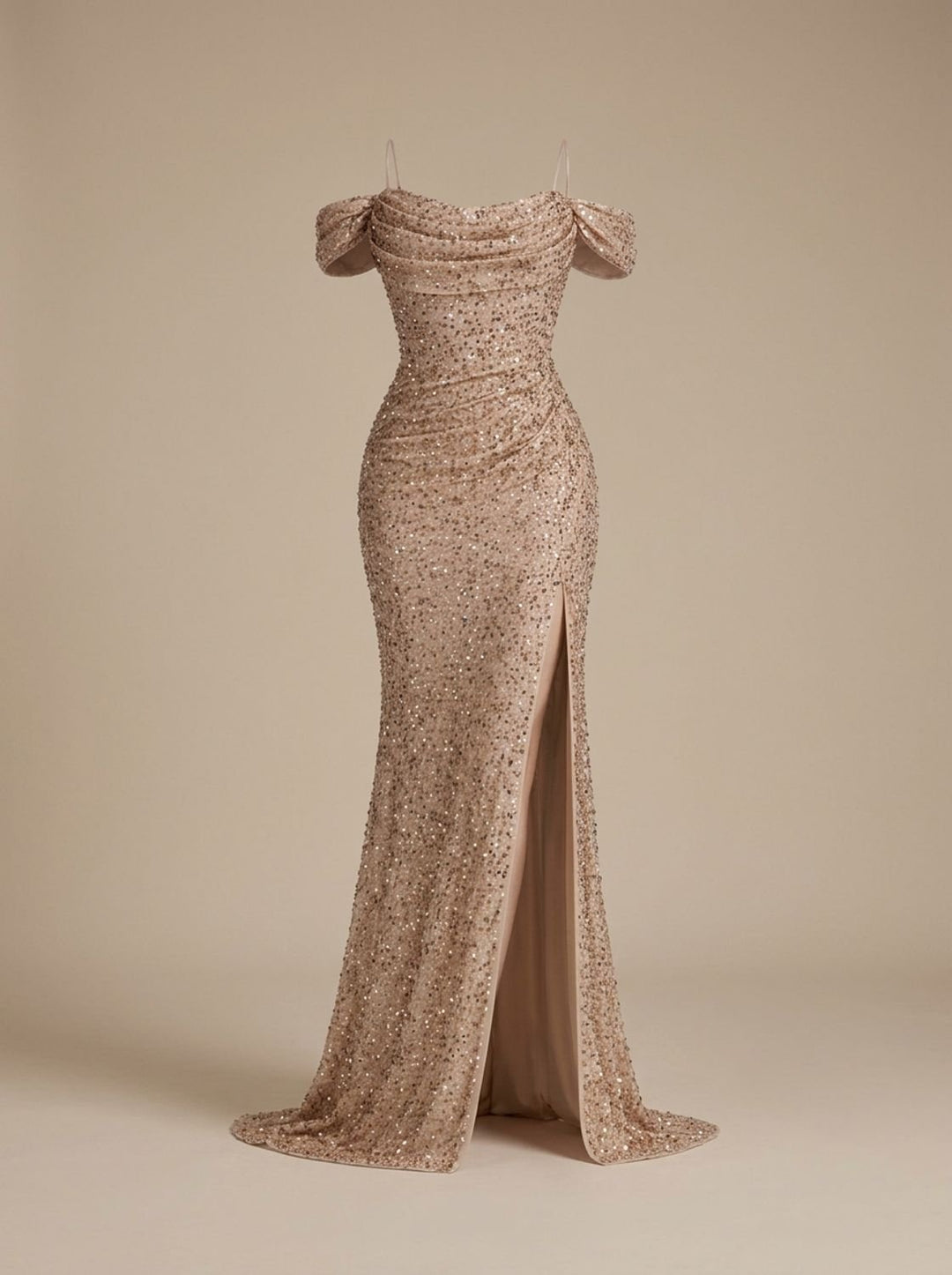 Jillian Dames Pailletten Maxi Jurk Off-Shoulder met Split - Goud