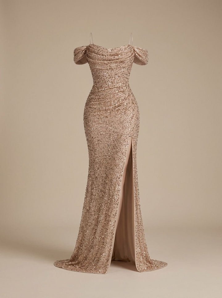 Jillian Dames Pailletten Maxi Jurk Off-Shoulder met Split - Goud