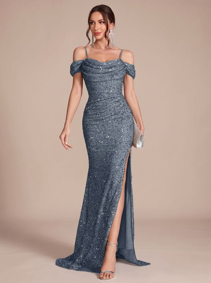 Jillian Dames Pailletten Maxi Jurk Off-Shoulder met Split
