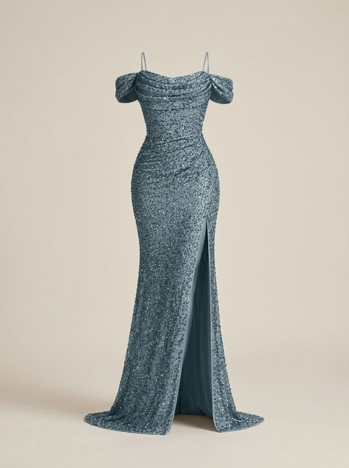 Jillian Dames Pailletten Maxi Jurk Off-Shoulder met Split - Grijs