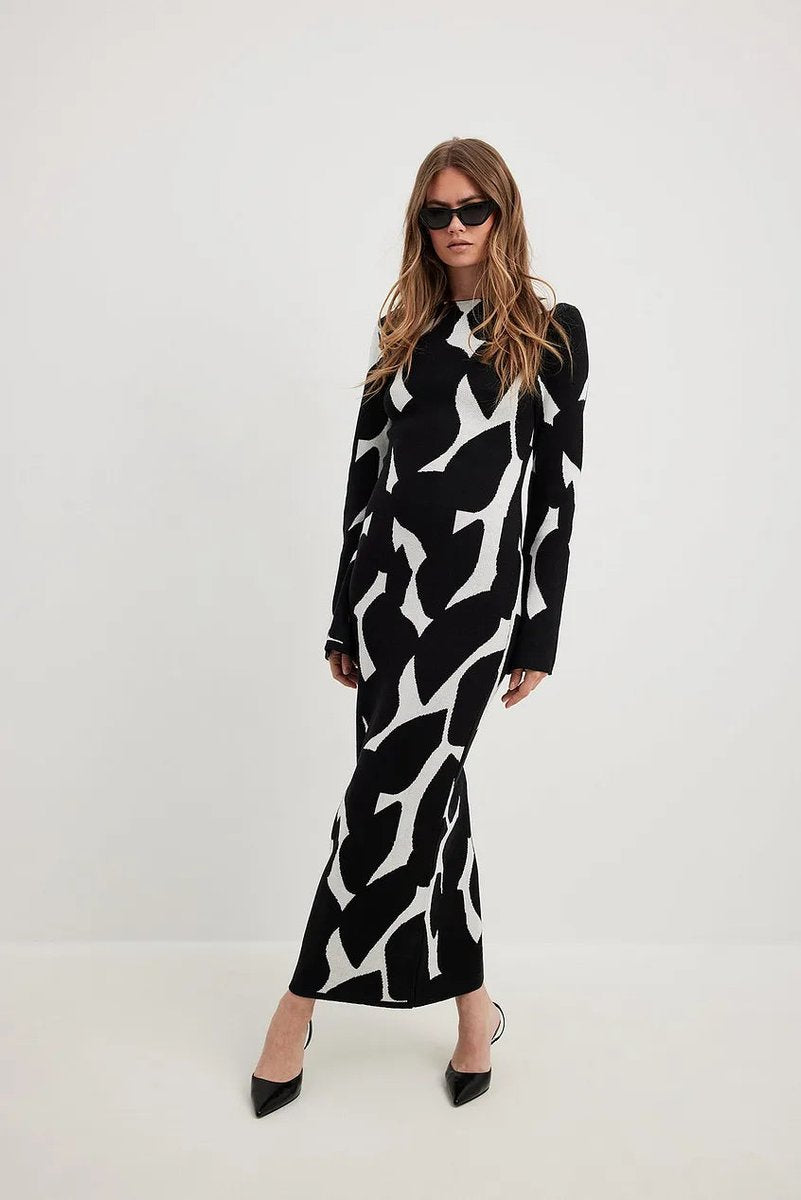Jurk Dames Maxi Gebreide Lange Mouw Abstract Print