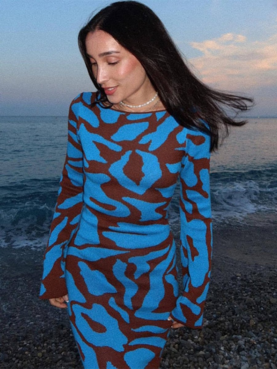 Jurk Dames Maxi Gebreide Lange Mouw Abstract Print