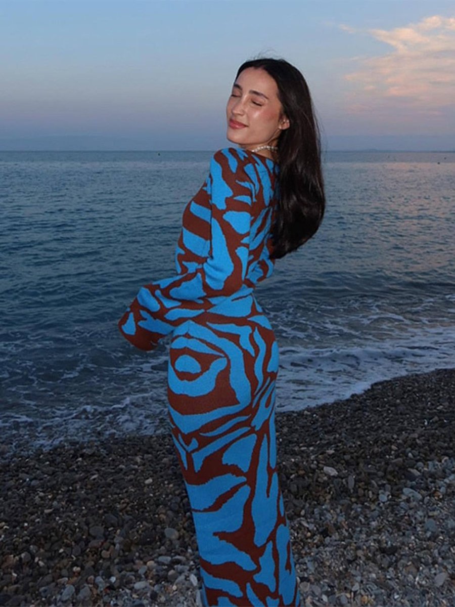 Jurk Dames Maxi Gebreide Lange Mouw Abstract Print
