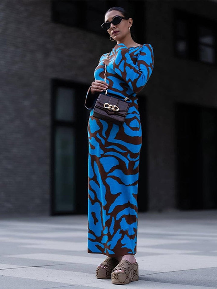 Jurk Dames Maxi Gebreide Lange Mouw Abstract Print