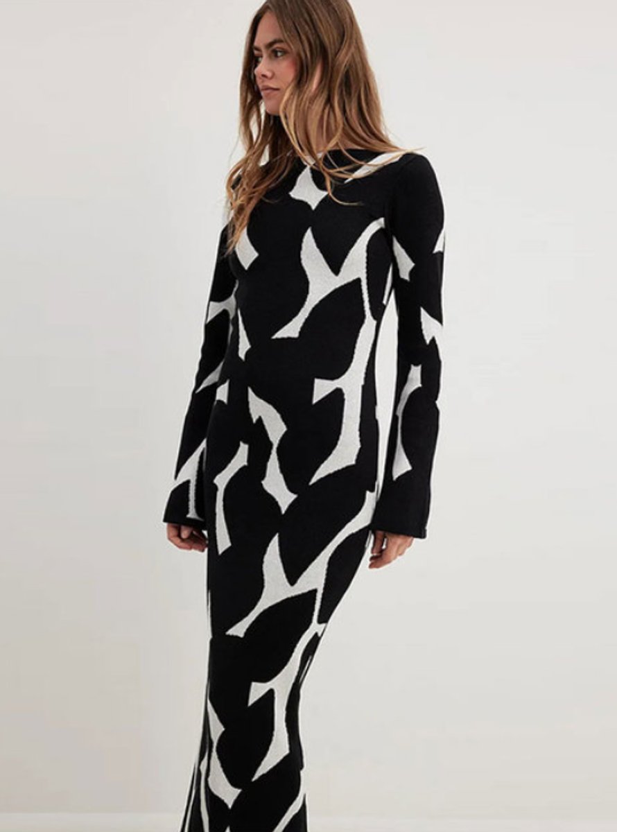 Jurk Dames Maxi Gebreide Lange Mouw Abstract Print