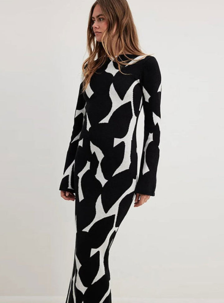 Jurk Dames Maxi Gebreide Lange Mouw Abstract Print