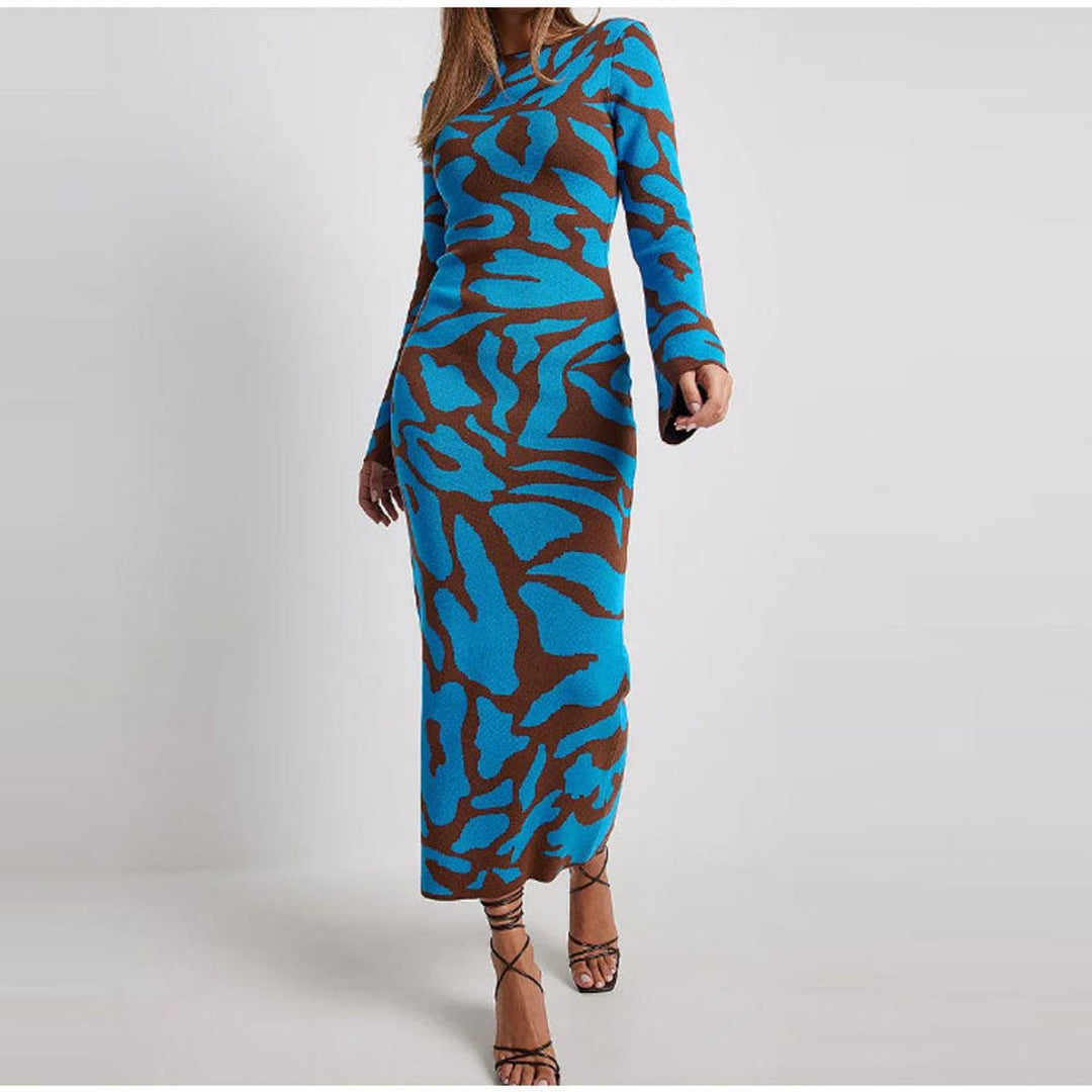 Jurk Dames Maxi Gebreide Lange Mouw Abstract Print - Blauw