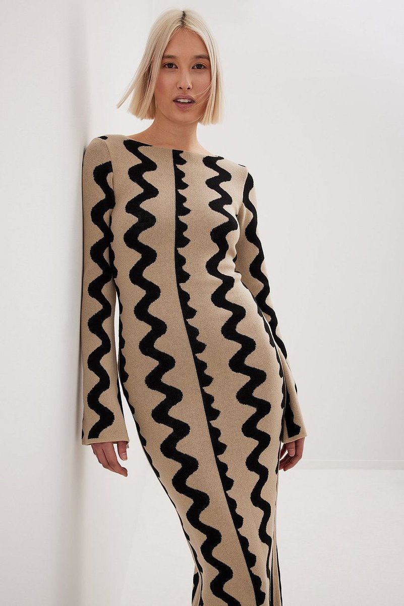 Jurk Dames Maxi Gebreide Lange Mouw Abstract Print - Beige