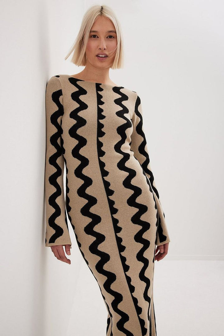 Jurk Dames Maxi Gebreide Lange Mouw Abstract Print - Beige