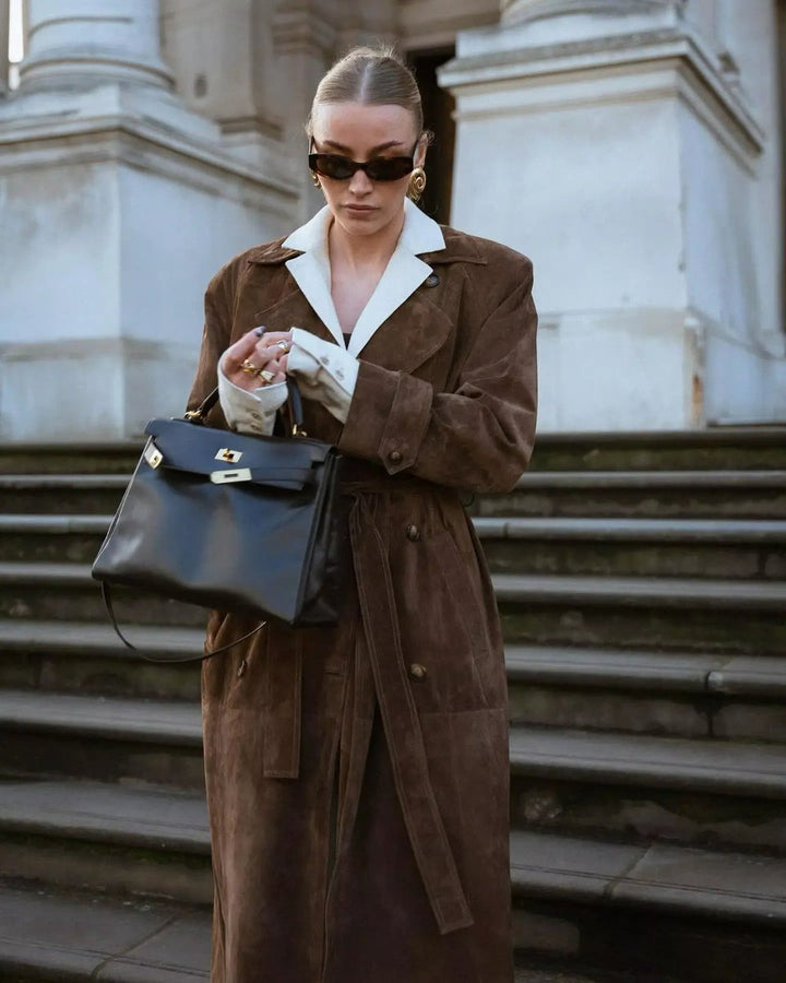 Klassieke Suède Trenchcoat Dames Taillerende Bindceintuur - Donkerbruin