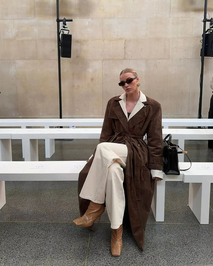 Klassieke Suède Trenchcoat Dames Taillerende Bindceintuur