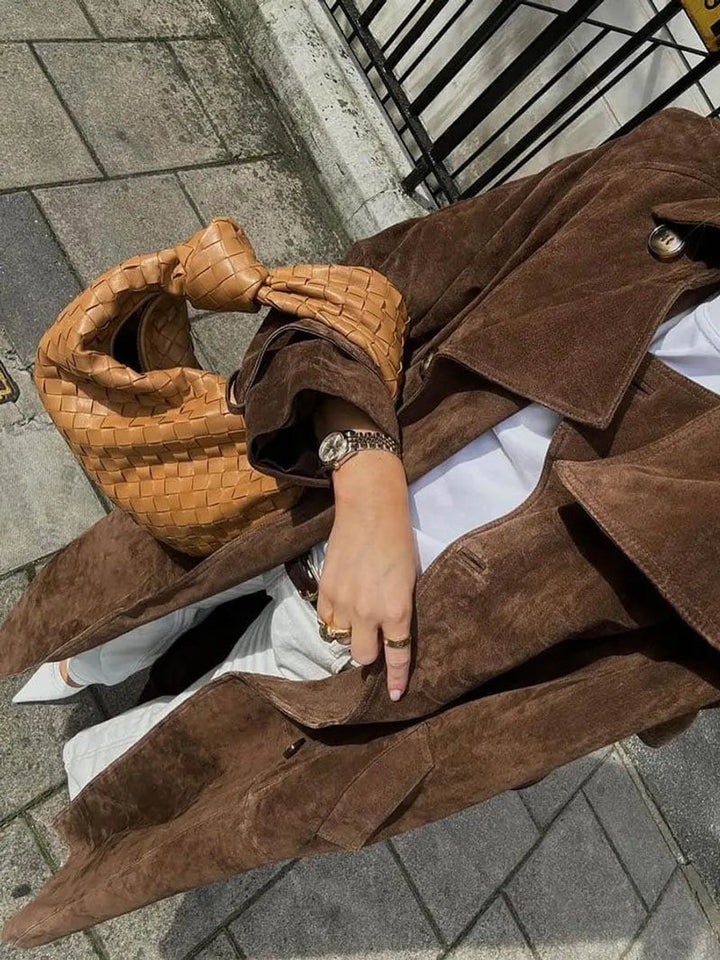 Klassieke Suède Trenchcoat Dames Taillerende Bindceintuur